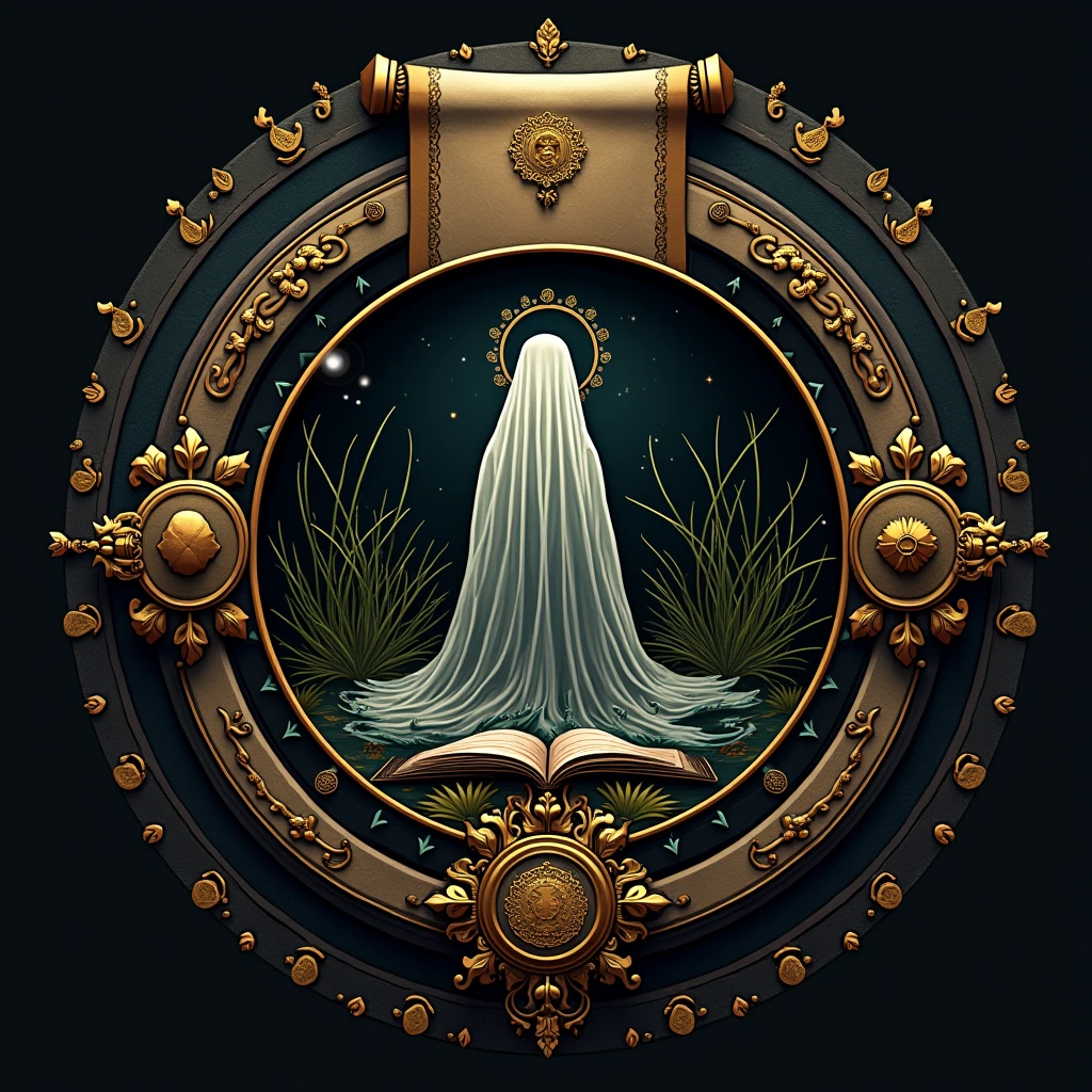 A logo design for 'Longde Story' featuring a blend of elements representing general stories, ghost stories, Dhamma tales, and historical stories. The logo should be balanced and visually appealing, using a mix of dark and soft colors like black, gold, and white. Incorporate subtle images of a ghostly figure, a historical scroll, and a Buddhist symbol, all unified within a single circular design.