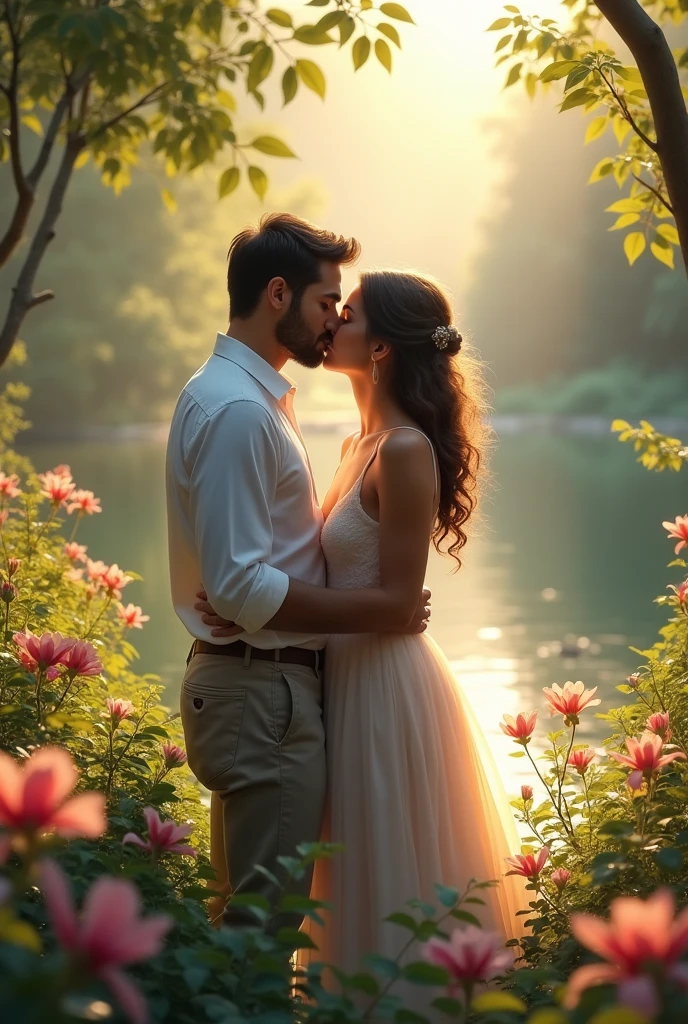 make me a photo of two couples kissing in beautiful nature