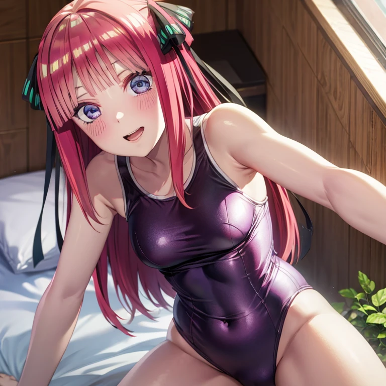 best quality, insanely detailed, nino nakano, breasts, blush, bedroom background, looking at viewer, cheerful eyes,arousal, one-piece swimsuit, old school swimsuit,