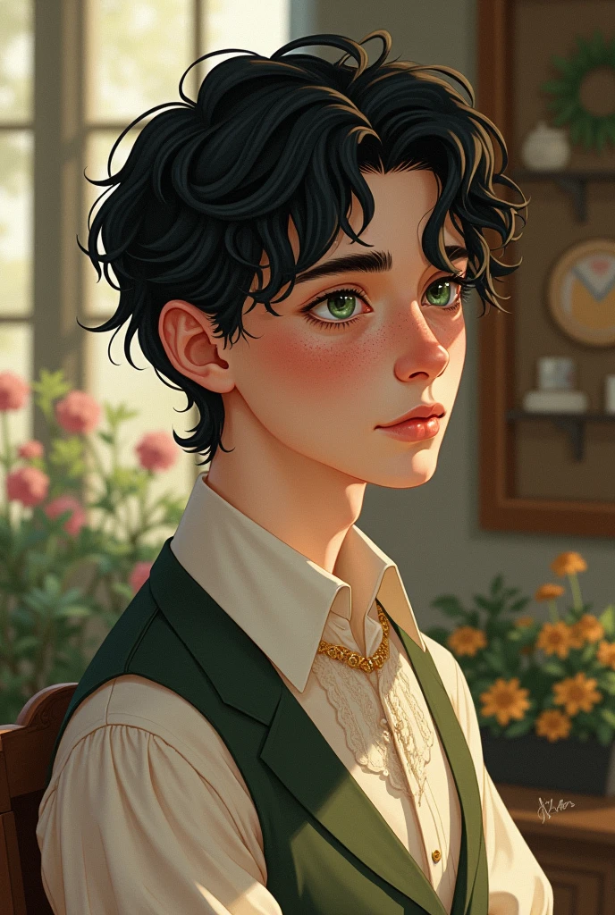 generate an image of an effeminate man with black hair, green eyes and freckles at the time of "Anne with an E" and with drawing style.