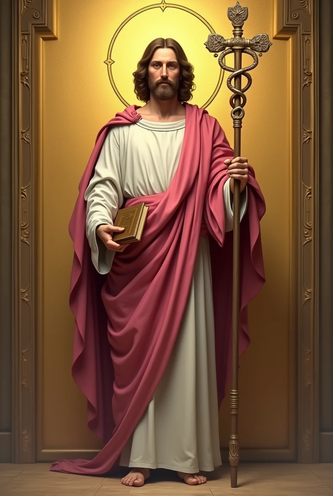 apostle saint matthew, patron of accounting, standing, with a white tunic and a pinkish red cloak, holding your book with your left hand, holding his staff in his right hand, and in the background a golden wall with a symbol "caduceus painted on the side"