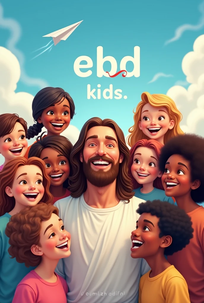 "Create an image of Jesus surrounded by happy children, with the text 'EBD Kids' prominently displayed in the center. Include the Bible reference 'Matthew 19:14' in a subtle font, but readable. Also add the phrase 'With Prô Priscila'. The scene should be bright and cheerful, with a blue sky and fluffy clouds, as well as playful elements such as a paper airplane. Jesus should be portrayed with a warm and welcoming expression, and children should look happy and diverse. The general atmosphere should be vibrant, inviting and full of positive energy."