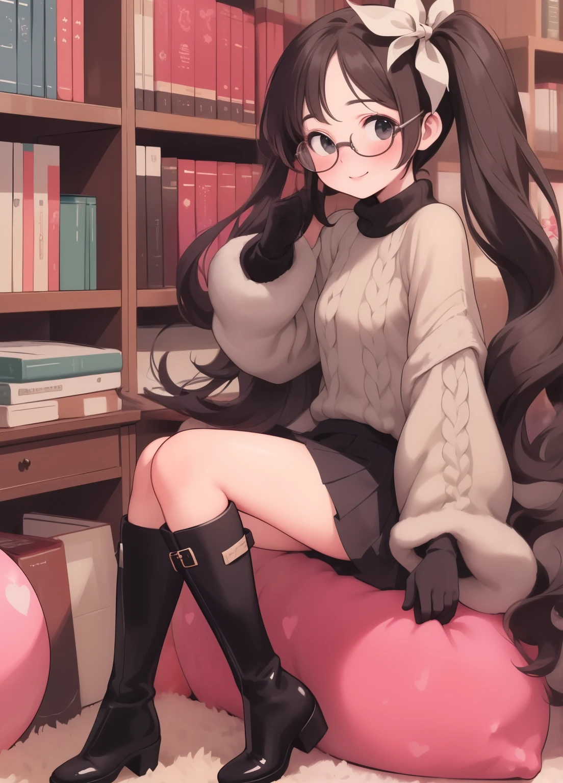 (masterpiece、Highest quality、Highest quality、Official Art、Beautiful and beautiful:1.2)、(One person:1.3)Hatsune Miku、Twin tails,Beautiful breasts, Katsushika Hokusai,A thick turtleneck sweater with a thick collar, Thin glasses, Pleated skirt, Thigh-high boots, gloves, Glossy Lips, Dynamic Scene,  In a medieval library, Medium chest, Mischievous Smile, Long, messy black hair. (masterpiece, wonderful, Intricate details, Color Difference), realism, (((avert your eyes))), Perfect Face, Delicate young, Full Body Shot, Between the legs