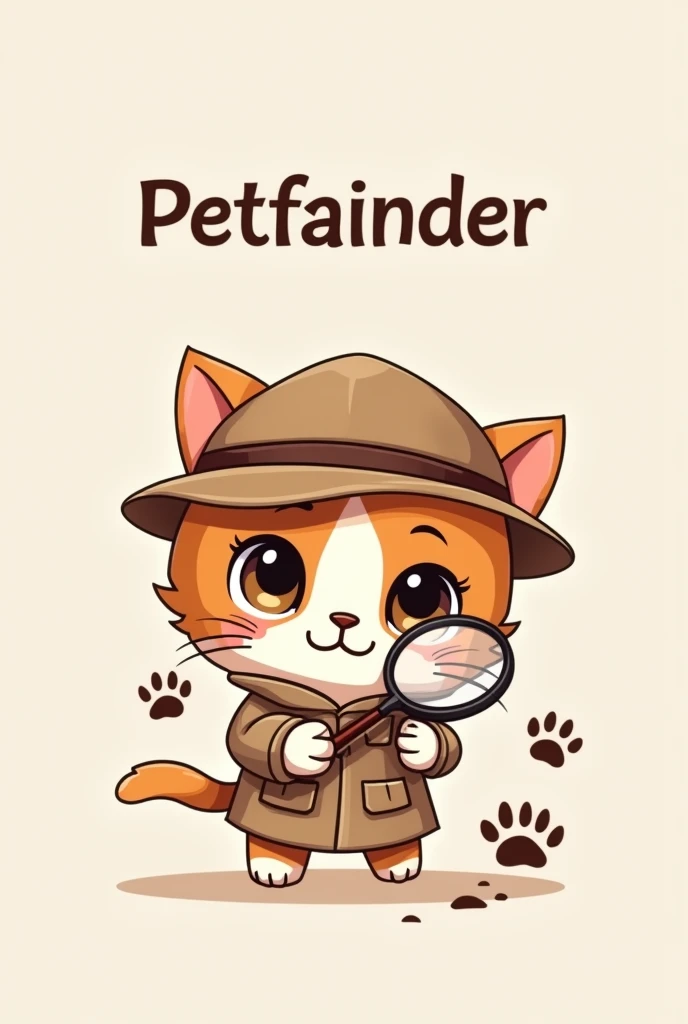 I would like a logo for a lost pet search app, It&#39;s called petfainder, I wanted a cute kitten with a magnifying glass in its hand following footprints. A more humanized kitten as if it were Farofino. Place a cat in a characteristic investigator outfit and the name in the top corner