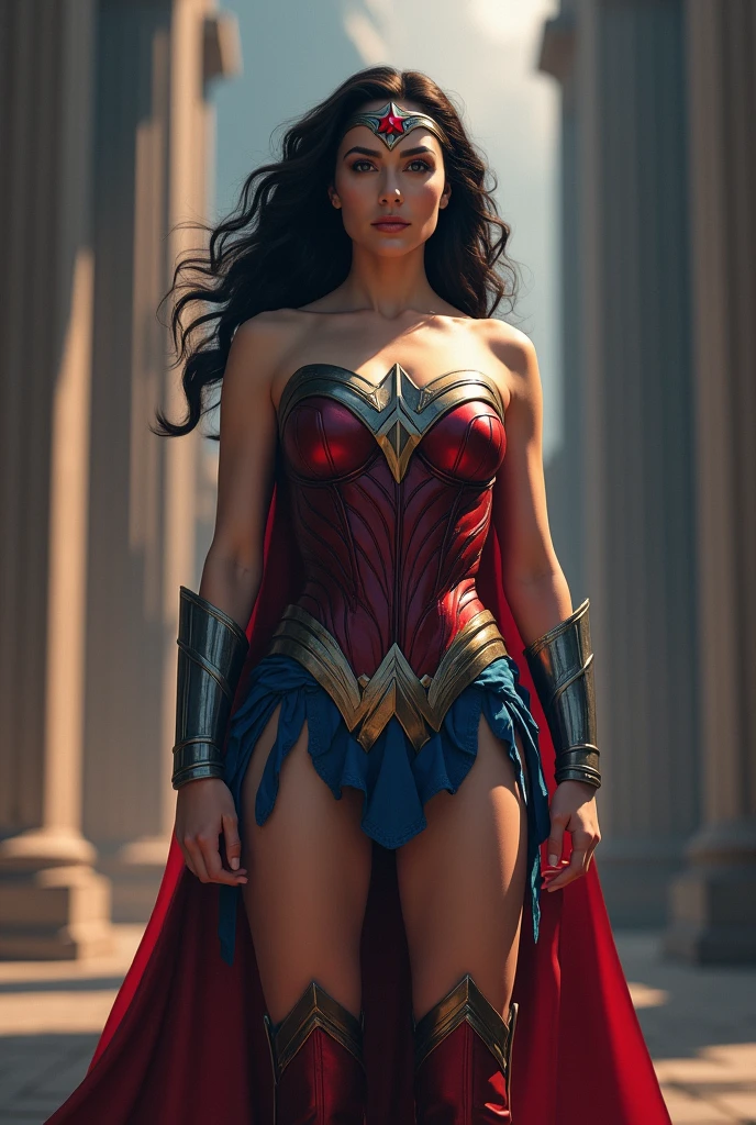 (((wonder woman (((Navy blue jumpsuit with red corset scales on armor)))Silver metal diaema with a red star on her forehead long red boots up to her knees)))