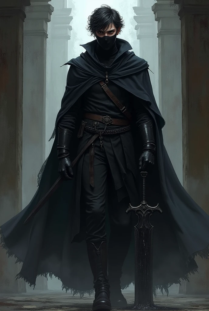 a young man, black clothes, iron armor, a black staff in his right hand, burning black eyes, a black and inky sword, a black mask on his mouth, like a sorcerer's, coming out of the shadow on the wall,