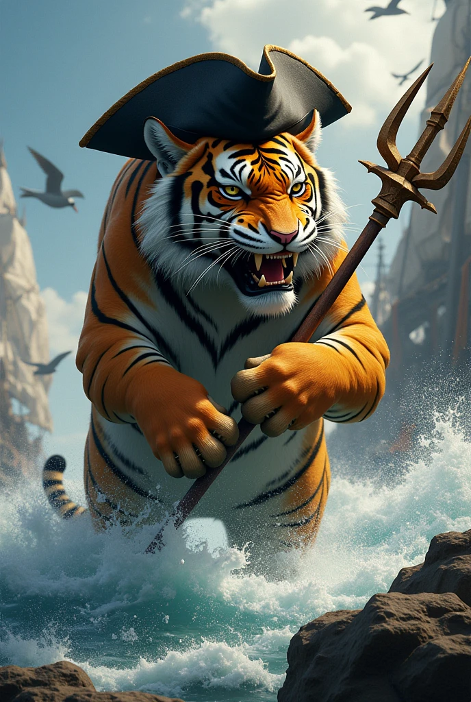 A tiger with a pirate hat and a trident