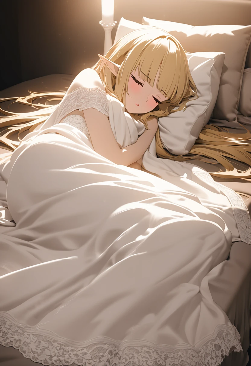 elf beauty sleeping on her side, blonde silky straight hair with blunt bang, (attractive and seductive) and (amorous and lewd) expression, pink cheeks, glamorous proportions, wearing white lace corset, white clean towel blanket, towel blanket draped over her lower body, pillow, and a bed with sheets, background dim candlelight room, conceptual installation art, (ultra detailed, absolutely resolution, best quality:1.3), 2.5D, sepia retro filter processing, delicate and dynamic effects, shading effects, contrast effects, artistic, hyper, graphic CG digital art