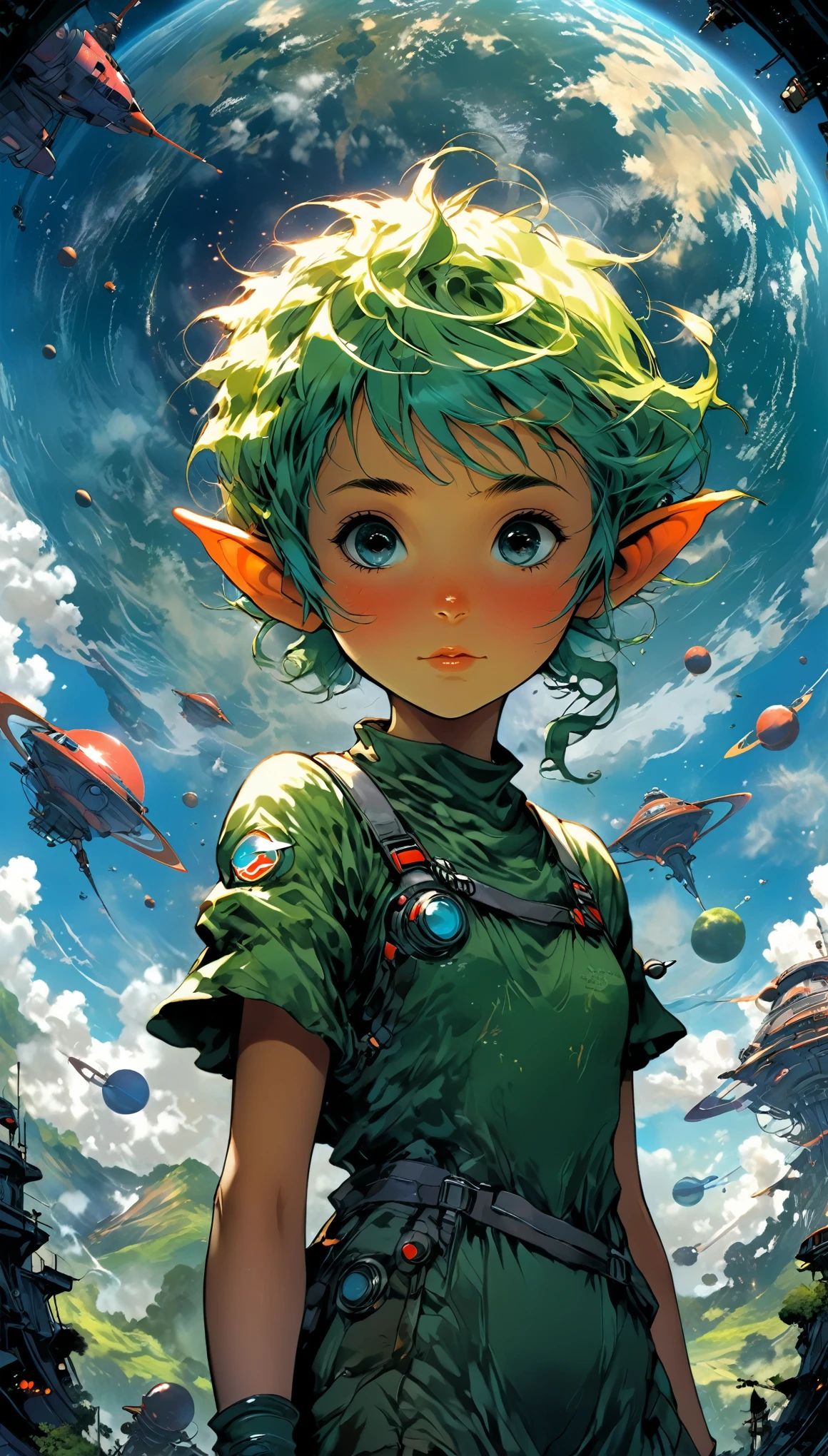 Pixie Girl facing the viewer, Anime, Planetes, Science Fiction, Landscape, Style, orcaeffectKA, methurlant, cartoon