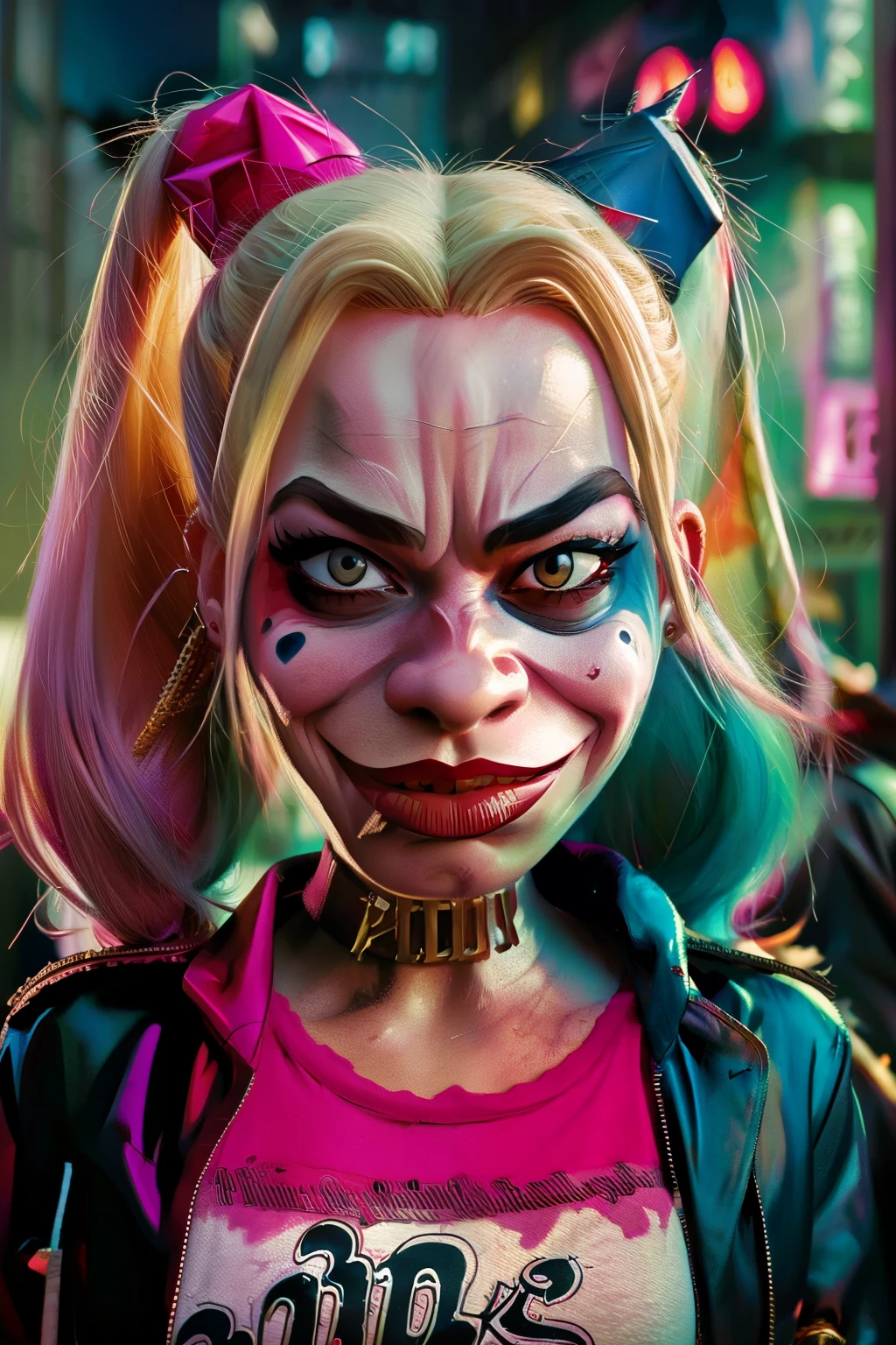 A (((caricature art, comic style ))) of Harley Quinn  in dynamic pose, big head, exaggerated features with a large nose and big Red eyes, angry face, big head, little  Hot body. ultra highly detailed, beautiful details, vivid, saturated colors, filigree detailed, tiny details, pop surrealism, cowboy shot. ((dark Gothic city background )) 