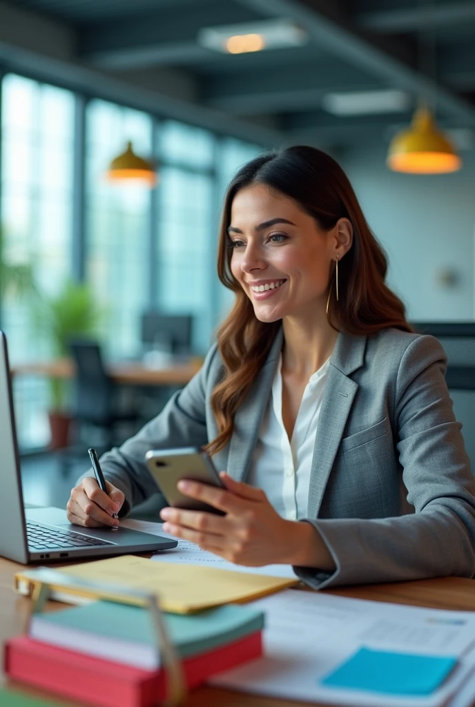 Create a real, vibrant and dynamic promotional image for a latin Professional Secretary course. The image should feature a modern office setting with a person organizing documents, using a computer and a smartphone simultaneously. Bright and energetic colors should be used, with elements representing organization, multitasking, and professionalism.