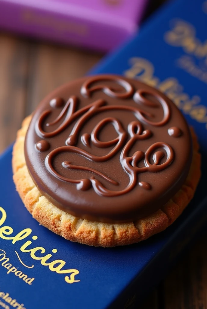 A thin round cookie on top has a layer of chocolate with raised circle drawings on it. The cookie has some letters that say Maria is falling into a pool of chocolate. The cookie is on top of a package., The packaging is royal blue with purple and has gold letters that say Delicias Maria