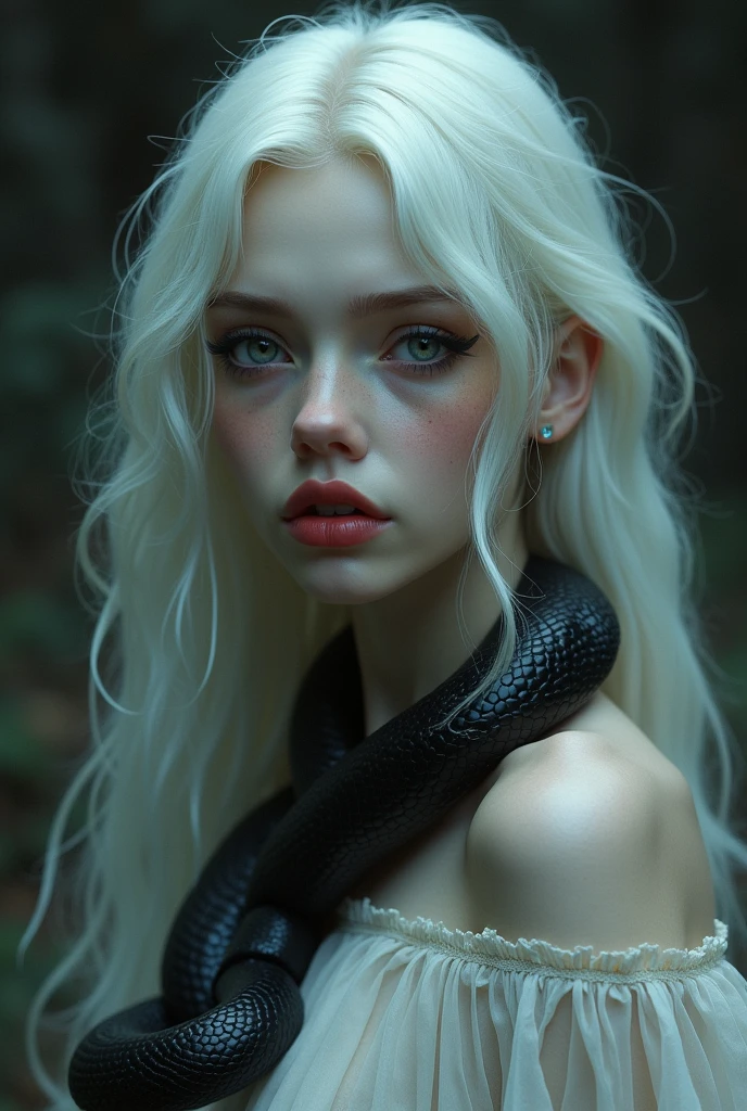 a woman of , eyes black, white hair with dark highlights, rosto angelical, light and flowing dress, rosy cheeks, red lips sad and gothic look, with a man on his back with a black snake around his neck