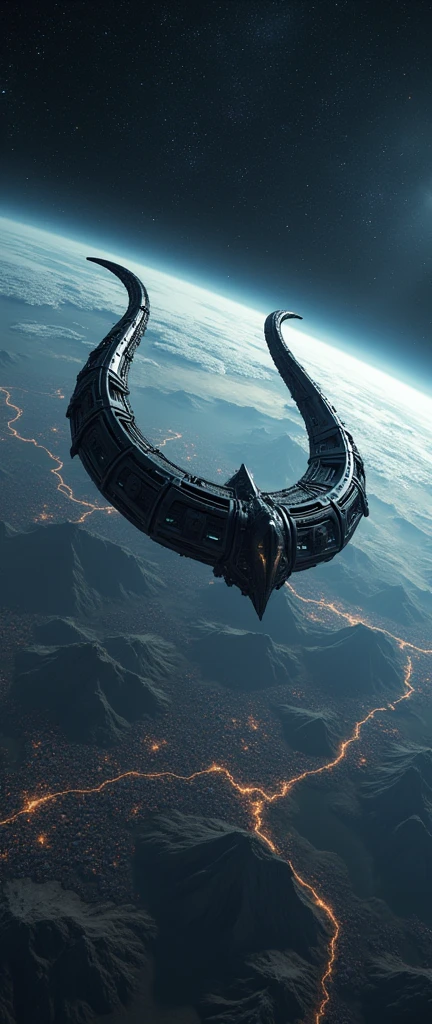 The distant future of planet Earth. size 1/4 all black-gray hook-shaped super detailed alien object a giant space station flies. Flying over that part of the earth, where it is now night. It has all the same things, as on Earth - cities, nature, mountains & mares. It turns out to be the second floor of the planet. This station is fixed at the north and south poles of the planet by its edges. Detailed terrain. Detailed space