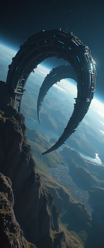 The distant future of planet Earth. size 1/4 all black-gray hook-shaped super detailed alien object a giant space station flies. Flying over that part of the earth, where it is now night. It has all the same things, as on Earth - cities, nature, mountains & mares. It turns out to be the second floor of the planet. This station is fixed at the north and south poles of the planet by its edges. Detailed terrain. Detailed space