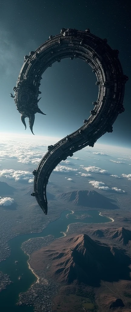 The distant future of planet Earth. size 1/4 all black-gray hook-shaped super detailed alien object a giant space station flies. Flying over that part of the earth, where it is now night. It has all the same things, as on Earth - cities, nature, mountains & mares. It turns out to be the second floor of the planet. This station is fixed at the north and south poles of the planet by its edges. Detailed terrain. Detailed space