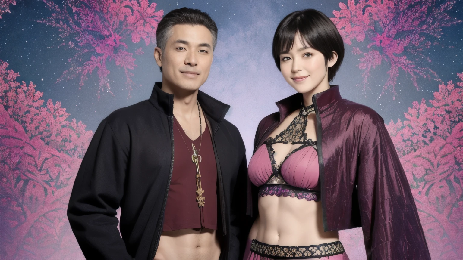 276 (20-year-old woman and man,short hair), Are standing, (beautiful:1.1), (Fractal Art:1.2), (Advanced backgrounds), (Many colors:1.4), (Old-fashioned smile), Abdominal muscles, flower