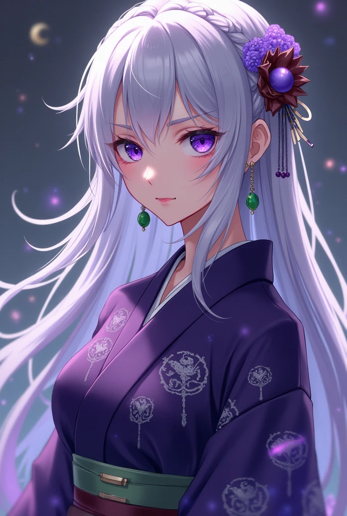 A woman with a delicate, oval face, with soft strokes. Her eyes are large and a deep violet, almost hypnotic, that reflect a veiled sadness and a fierce determination. His eyebrows are thin and well drawn, complementing his calm and serene expression. He has a closed and intimidating face that causes repulsion in those who smile softly., but rarely seen, which appears only in moments of true connection with Kazuki or in situations where his irony manifests itself.

body hair: Your hair is long, cascading down to waist height, and an almost ethereal silver color, glowing softly in the moonlight. She usually keeps it tied up in a long intricate braid., adorned with small silver pendants in the shape of mythical creatures, Like dragons and phoenixes. A few loose strands frame your face, highlighting your expressive eyes.

Body and Clothing: Hana is slim, with about 1,65m tall and a graceful body, but which hides an impressive inner strength. Your skin is clear and smooth, contrasting with the darkness of his invocations. She wears a traditional Japanese kimono, dark purple in color, with silver embroidery that forms patterns of mythical creatures, like dragons and tigers. The kimono is fastened at the waist with a black obi., also adorned with small arcane symbols. The wide sleeves of the kimono flutter lightly with your movements, giving her an almost ghostly appearance as she channels her magic.

Accessories: Hana always carries a paper fan with her, made of a special material that is resistant and channels its magic. The fan is decorated with designs of dark creatures and is an extension of your own will., used for both attack and defense. She also wears green jade earrings., in the form of small spheres, that seem to shine with an inner light. in the neck, She wears a necklace with a crescent-shaped pendant, which belonged to her mother and is the only link that still connects her to her past