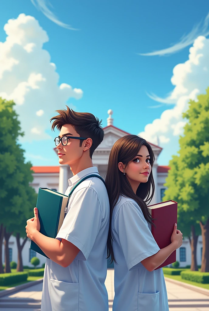 I want an image of two students looking towards a university, both dressed in medical gowns. They are a young man and a young woman, both about 20 years old. The young man has short hair and wears glasses, while the young woman has loose, wavy hair. They are back to back, standing in front of the main entrance of a prestigious university, with a large classical style building in the background. They both hold medical books in their hands., and their expressions reflect determination and aspiration as they look toward the university. The surroundings are full of trees and well-kept gardens., and the sky is blue with some soft clouds, suggesting a sunny day with Latin American features
"