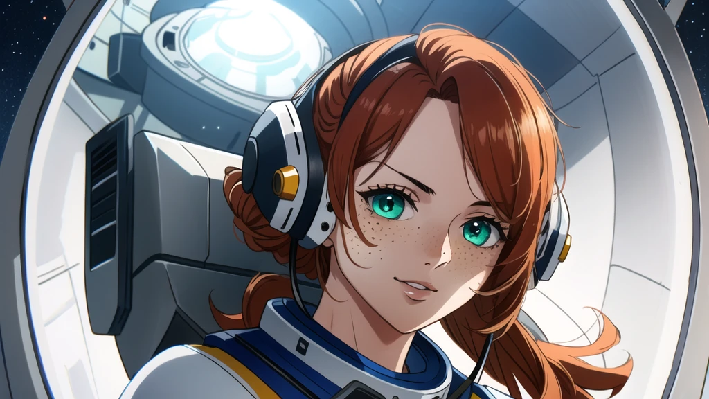 (Masterpiece, best quality, fantastic aesthetics, visually pleasing, absurdres, highres) best anatomy, solo, 1girl, tall, slender, curvy, adult, female, human, ginger hair, long hair, chignon hairstyle, freckled nose, explorer outfit, combining the retro, outfit bulky look of an old-school NASA spacesuit and the sleek, high-tech features of the Fallout 4 Cleanroom suit, excluding helmets, featuring visible face, sci-fi, science fiction, futuristic, portrait, freckles, pale skin, cheerful, looking at viewer, green eyes, green irises, futuristic mothership interior, sci-fi research lab, ambient lighting, detailed environment, advanced machinery, immersive atmosphere, full body, portrait, subtle and aesthetically pleasing freckles around nose and cheekbones,