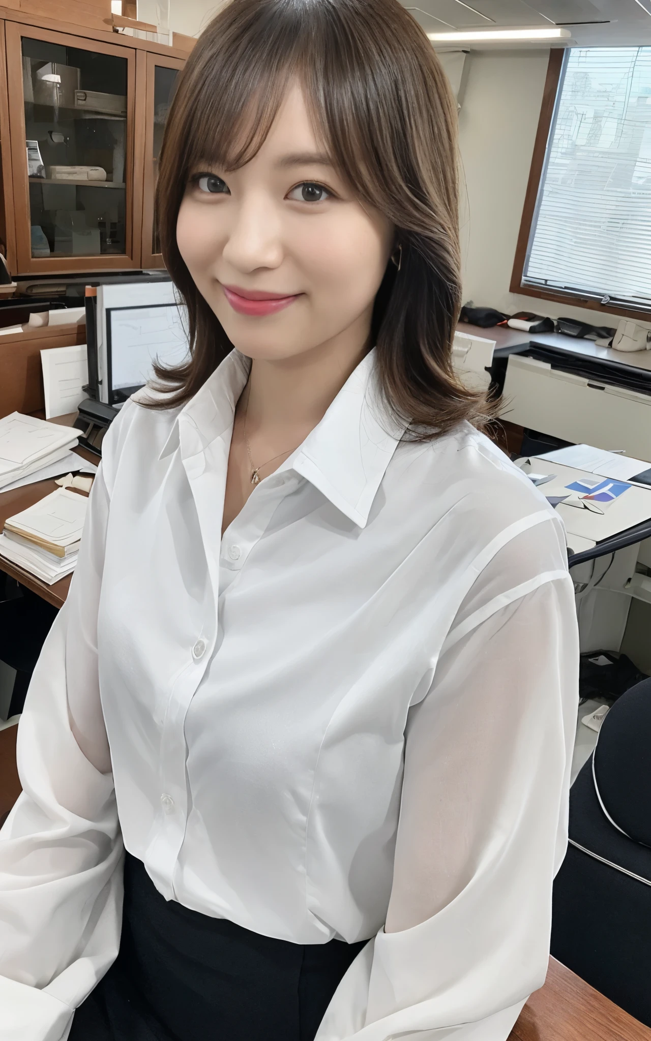 ((Best Quality, 8k, Masterpiecedetails, ultra-high resolution)), (looking at the viewer), (full shot:), attractive business 1 milf sitting down on office, desk, a bit chubby:0.25, white collared shirt, grey long pants, (laying down on office desks)), smile, office of CEO,