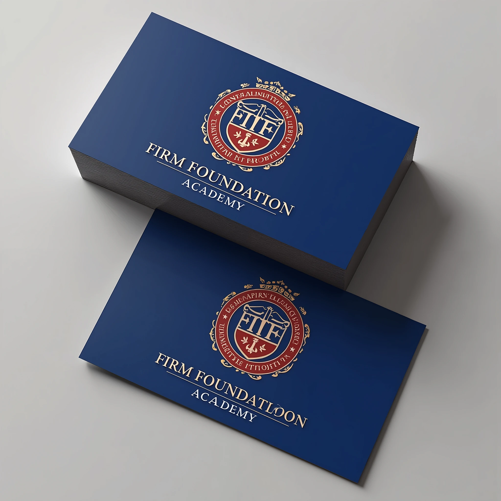 Design a business card for "Firm Foundation Academy," a college with the slogan "Diligent in Learning." The card should feature a logo that resembles a traditional school badge, incorporating elements like a shield, book, or torch to symbolize knowledge and learning. Use royal blue and red as the primary colors. The overall design should evoke a sense of professionalism and academic excellence.