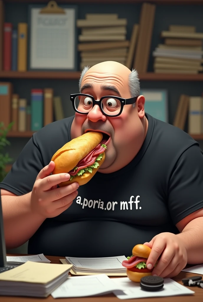 white male, aged 50, baldie, fatter, cheeky, wrinkled face, wearing glasses, eating baguette with ham, leaning against a cluttered computer desk, stacks of papers, farelos e biscoitos orreo. Wearing a black shirt with the phrase "a.p.or.I.or MpF"