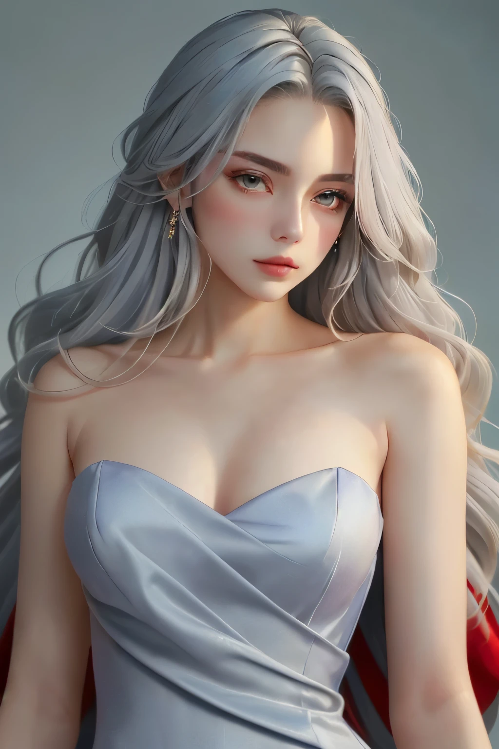 (oil, masterpiece, highest quality, Super detailed, Focus on the characters, perfect face, perfect eyes), Young woman, pale skin, ((a long gray hair)). ((a elegant red dress)). She has a serene expression. ((Looking straight ahead)), (front view), the background is a soft light blue gradient, giving the image an ethereal and calm feel, ((red dress)