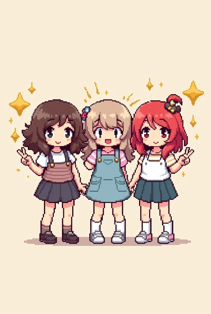 Create a pixel art style image of 3 hello kitty girls standing next to each other, one has shoulder height brown curly hair, the second one has long straight light brown coloured hair, with some side bangs, and the third one has shoulder high red straight hair. They are doing peace signs, smiling and blushing, with some golder sparkles around them. They look like they're having fun 