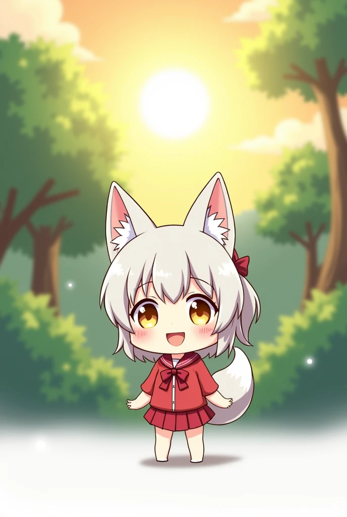 highres, , a fox, nenodroid, glad, laughing, standing, looking at viewer, ponytail, blunt cut, silver hair, golden eyes, big eyes, eyes open, fair skin, chibi, slim, mini red skirt, red school uniform,  red sailor uniform, ribbon, with fox ears silver, , japanese, white background, in the forest, with a sun, with a tree, kawaii, chibi anime, soft-edged, full body shot, from front, sunrise, 