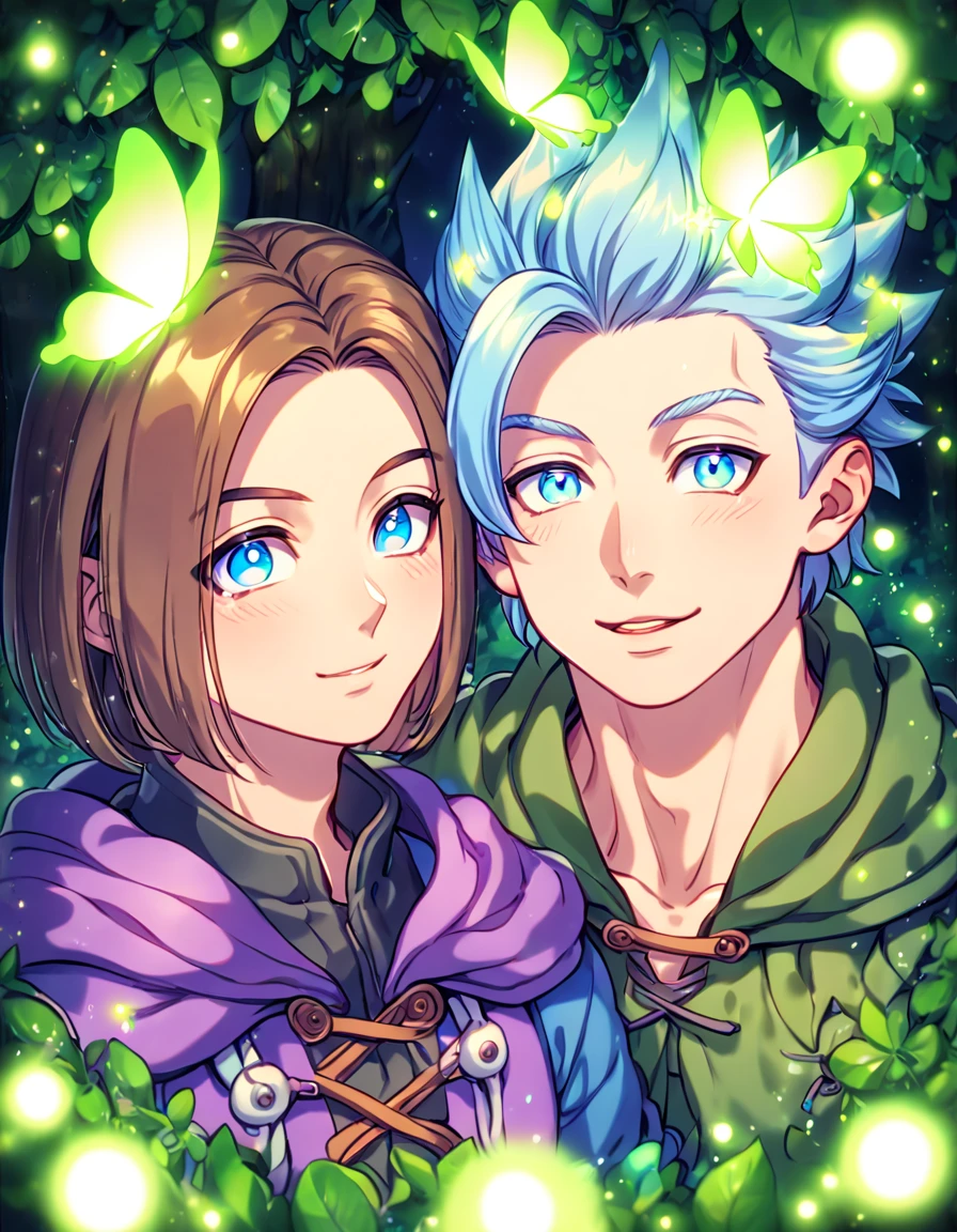 absurdres, highres, ultra detailed, HDR, master piece, best quality, extremely detailed face, detailed eyes, Erik, light-blue hair, expressive blue eyes, hair spiked up, Dragon Quest XI, Luminary, brown hair, expressive blue eyes, two sexy adult men together, gay couple, yaoi, handsome, green tunic, purple coat, under a green tree, fantasy, magical, glittering fireflies, green butterflies, green flames, glass magic, green leaves
