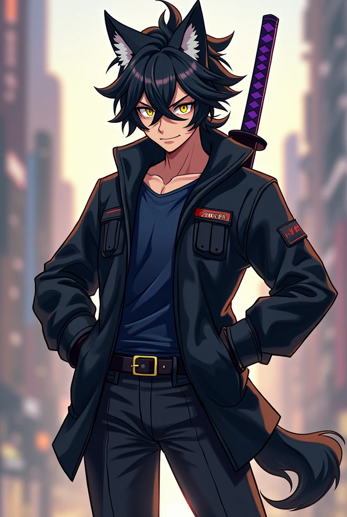 Create a Sonic-style character of the male wolf type with short, slightly spiky black hair with the bangs covering the left eye a little., a big ponytail, big yellow eyes, Men&#39;s black windbreaker jacket with dark blue shirt, black gloves, black pants with men&#39;s black boots, with a purple sheathed katana on his back.