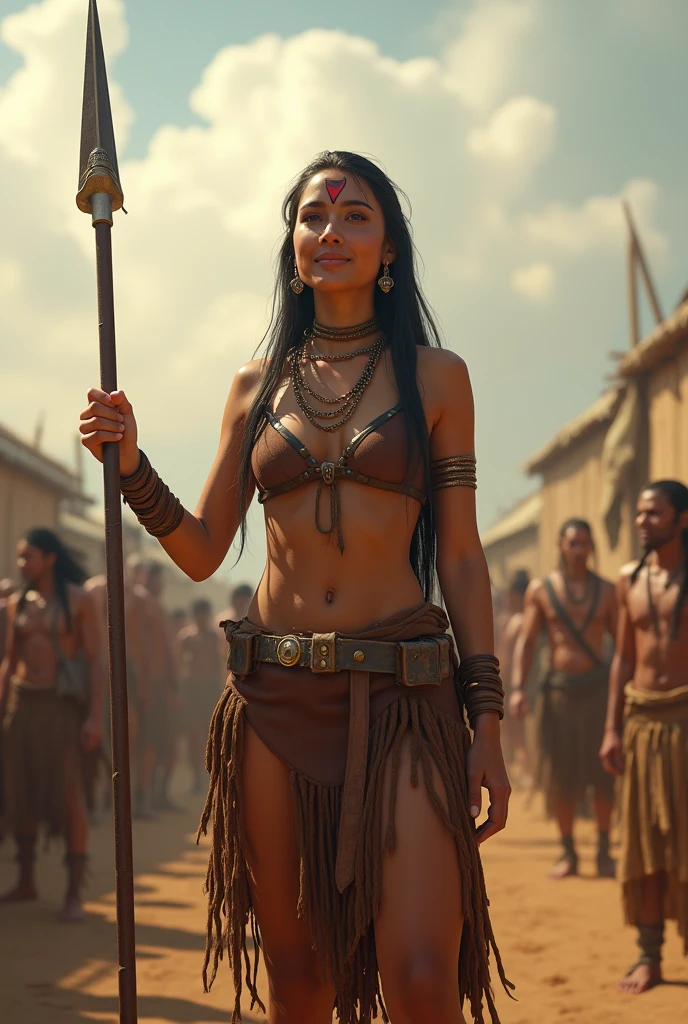 a young native American princess stands in an Indian village with many villagers about, she is wearing war paint, and carrying a spear, she is smiling, happy, adventurous style, energetic, highly detailed, photorealistic, 8k, hyperrealistic, extremely detailed, cinematic lighting, warm color tones, dramatic shadows, skimpy leather Indian outfit, intricate clothing details, confident pose, dynamic composition, early morning lighting, volumetric clouds, atmospheric haze, wide shot