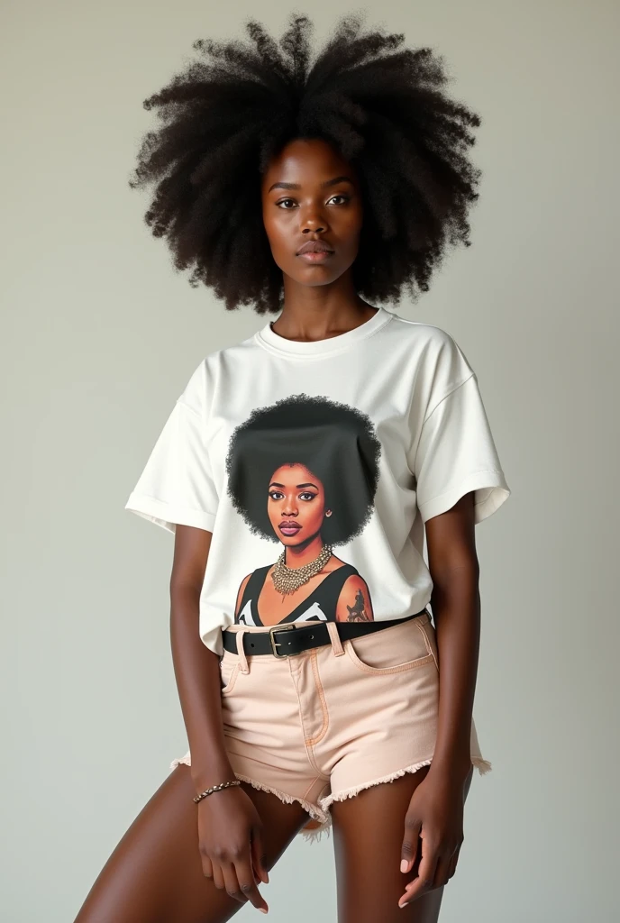 A black girl with an afro and wearing a white baggy t-shirt with a Nas print and tight shorts
