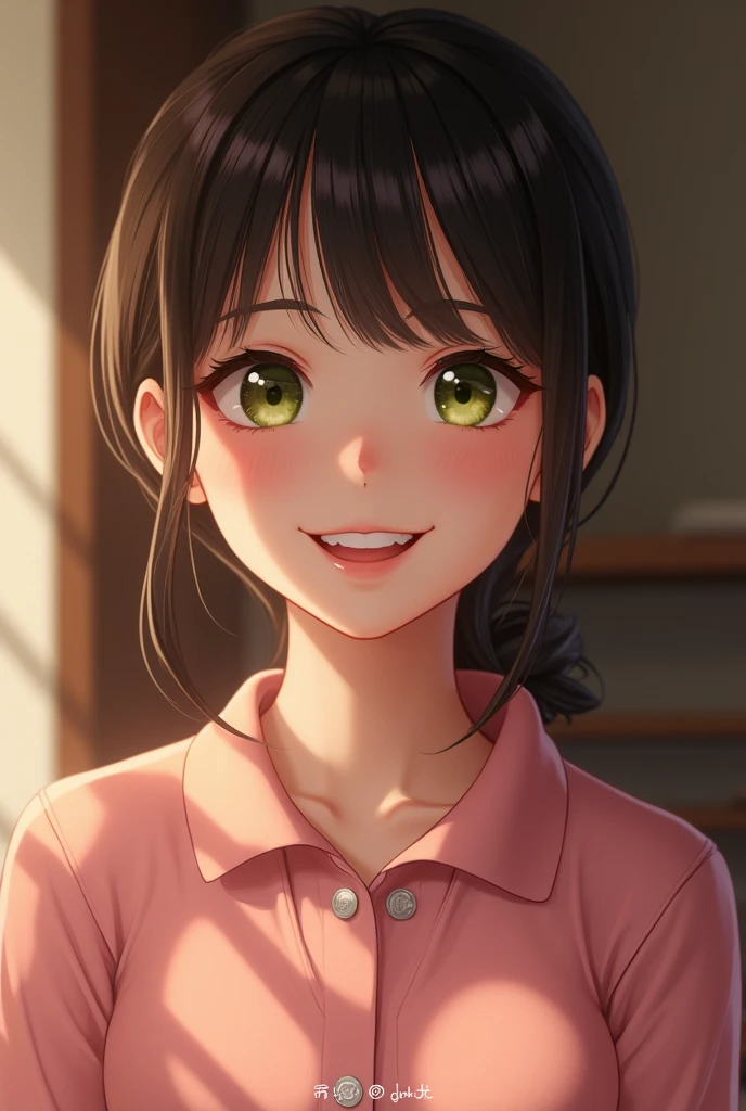 Beautiful brunette girl, bangs, green eyes, beautiful big smile, smiling, head and shoulders, pink polo sweater, really happy