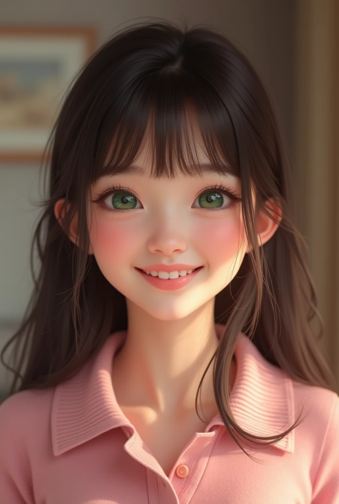 Beautiful brunette girl, bangs, green eyes, beautiful big smile, smiling, head and shoulders, pink polo sweater, really happy