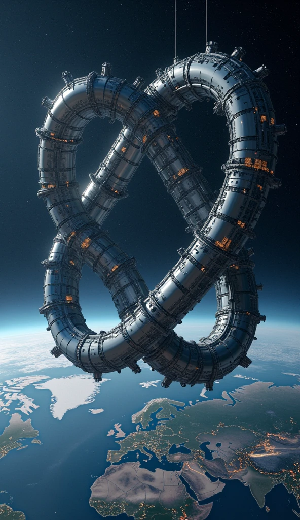 The distant future of planet Earth. size 1/4 all infinity shaped super detailed alien object a giant space station flies. Flying over that part of the earth, where it is now night. It has all the same things, as on Earth - cities, nature, mountains & mares. It turns out to be the second floor of the planet. This station is fixed at the north and south poles of the planet by its edges. Detailed terrain. Detailed space