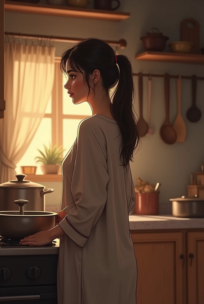 Pakistani woman, wearing nightgown , in kitchen