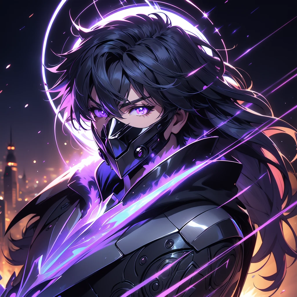 ((masterpiece)), (best quality), (ultra-detailed), (best illustration), (best illumination), photorealistic, 1boy, solo, long hair, lilac hair, lilac eyes, black armor, lilac armor, multicolored armor, hammer hero, crazy, metal halo behind, dark aura, obsession, glowing pupils, full body, floating in air, ruins scenery, dark sky, mask, J symbol on mask, face completely under mask, demonic armor, eyes on armor parts.