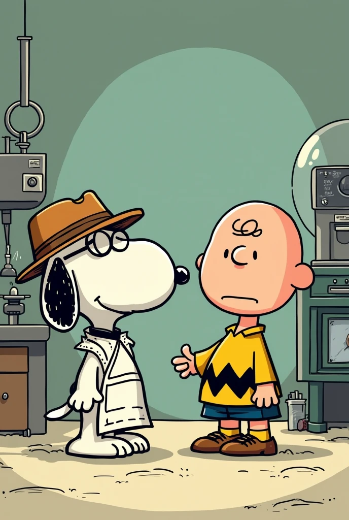 I can't create images directly, but I can suggest how you could combine those styles. Imagine a Peanuts-style drawing, with simple and expressive characters. You can take Charlie Brown, Lucy or Snoopy and place them in scenes inspired by *breaking bad*. For example:
- **Snoopy como Walter White:** You could draw Snoopy with a hat and glasses similar to Walter White's, maybe with a lab apron.
- **Charlie Brown como Jesse Pinkman:** Charlie Brown could be dressed in Jesse's signature clothes, with a slightly rebellious attitude.
- **Laboratory scenario:** You can create a Peanuts-style meth lab, with simplified machinery and a background that evokes the aesthetics of the series but with a touch .
This would combine the simple and charming style of Peanuts with the iconic elements of *breaking bad*.