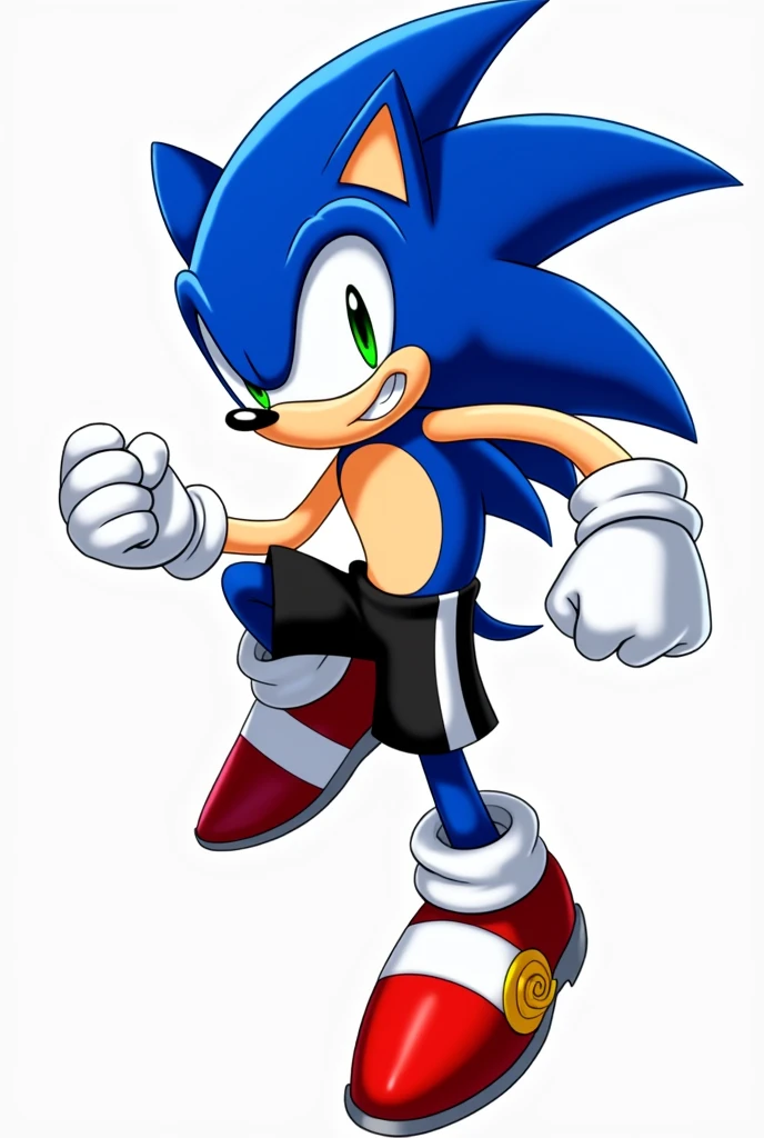 Sonic in black shorts with a white stripe