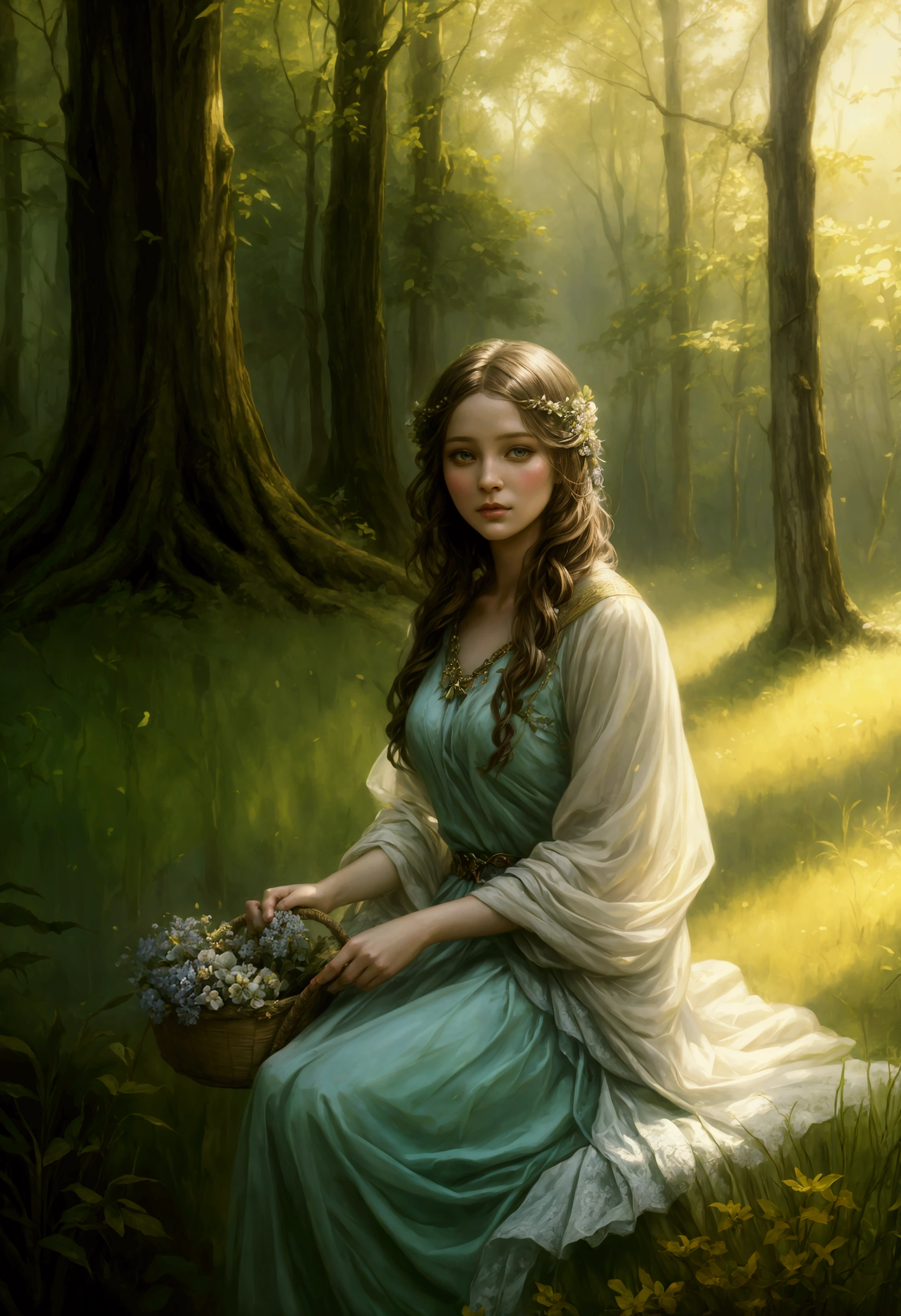 a painting of a woman sitting in the woods holding a basket of flowers, beautiful character painting, beautiful maiden, realistic fantasy painting, fantasy genre portrait, fantasy portrait art, realistic fantasy artwork, elfic priestess, fantasy portrait, beautiful fantasy art, hyperrealistic fantasy art, fantasy art portrait, persephone in spring, by Emile Lahner, fantasy digital painting