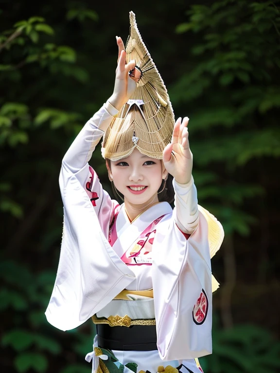 Photo-realistic quality、A 20-year-old woman wearing an Awa Odori dance costume is dancing., White kimono、White Arms、 Japanese Model, Traditional Japanese Kimono Japanese Bon Odori, looking at the camera、Detailed and beautiful eyes、Cute smile、A soft and gentle look、Catchlight in the eyes、Professional Lighting