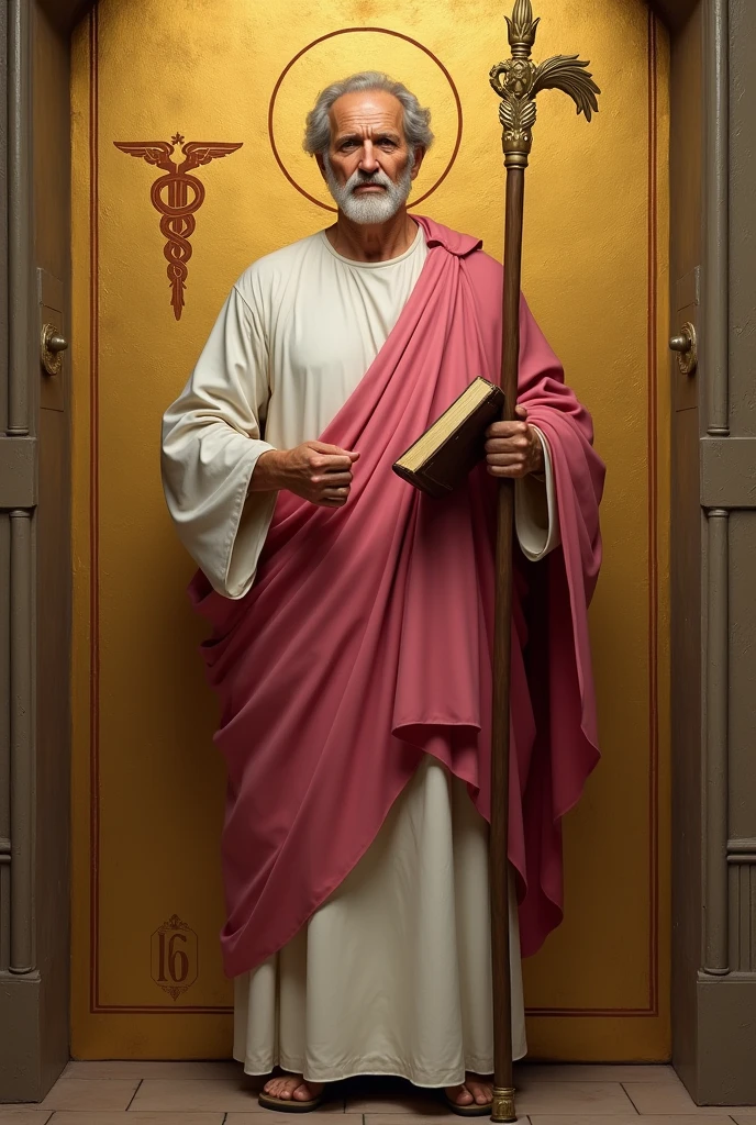 apostle saint matthew, a little older, patron of accounting, standing, with a white tunic and a pinkish red cloak, holding his gospel with his left hand, holding his staff in his right hand, and in the background a golden wall with a symbol "caduceus painted on the side"
