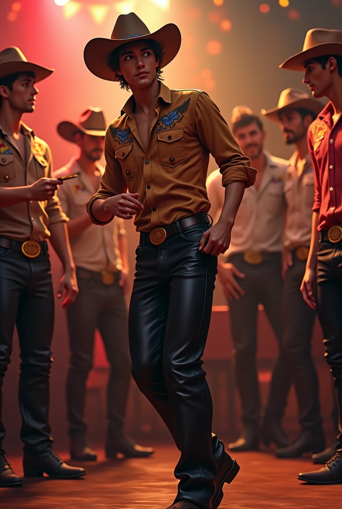 A cute young handsome gay man dancing at a cowboy party while the other men look at him wanting to conquer the dancer because he is very cute without a shirt, cute white skin, thin, some cowboys wear an arrayas shirt and black leather pants.