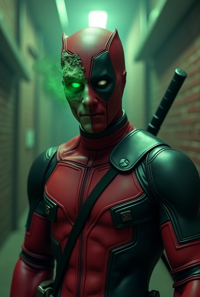 (photorealism:1.2), A hyperrealistic photo of a merged being, half Deadpool, half Vampira. The character has Deadpool's signature red and black costume, but with elements of Vampira's green skin. They have one eye that is Deadpool's signature eye, and the other is glowing green like Vampira's. The background is a dark, smoky alleyway. 8k resolution, cinematic lighting
