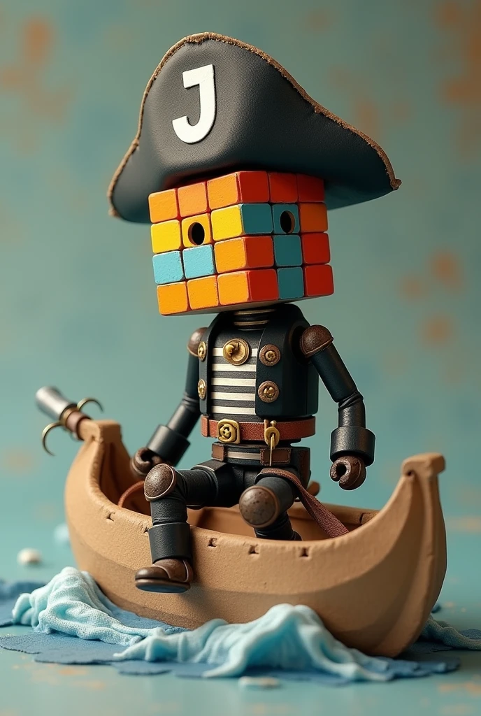 Create a humanoid rubik&#39;s cube, in pirate costume, on the pirate hat there is a capital J, that he is on a cardboard boat, the image must be in 3D