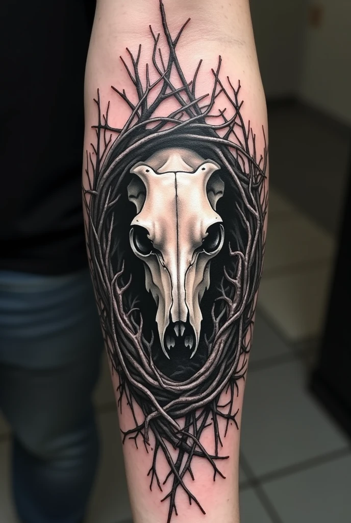 Greyhound skull tattoo in nest of dry branches, all in black and white that covers almost the entire professional forearm, Let the branches be thin and abundant