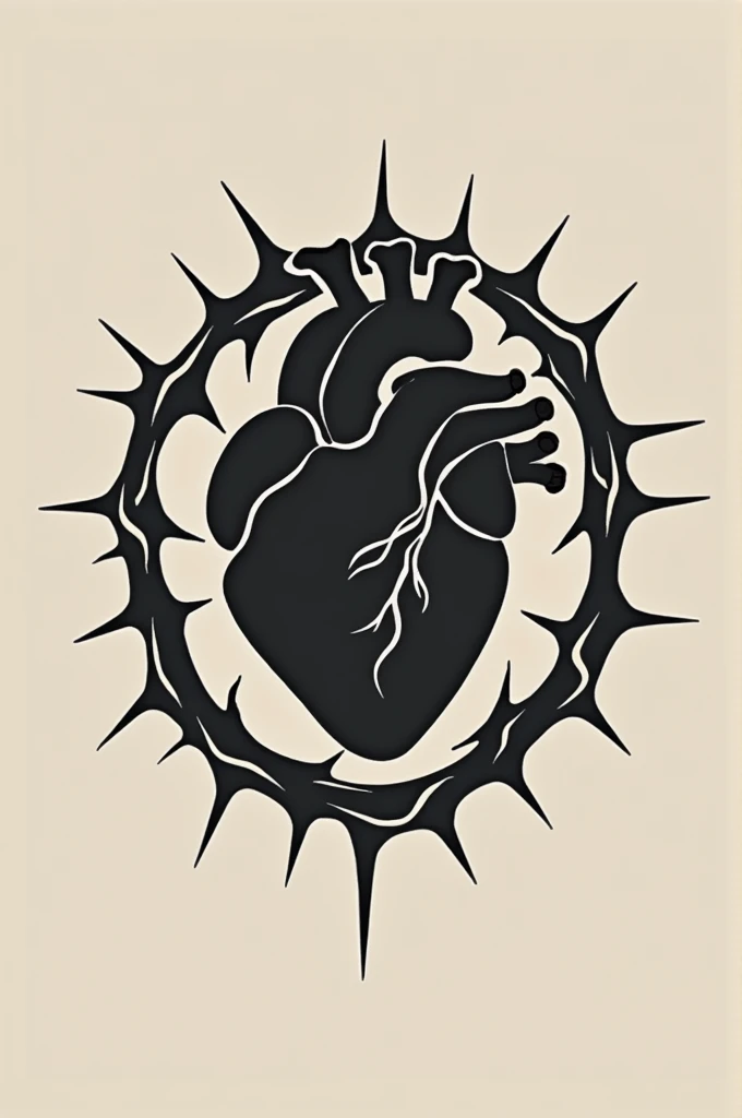 create a minimalist logo of a human heart with a crown of thorns surrounding the heart