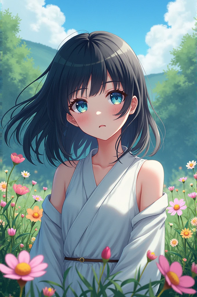 anime character, Black hair and blue eyes with a low face and long eyelashes, in a landscape of flowers